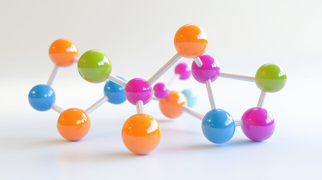 A colorful molecular model set interconnected to represent the formation of a polymer chain, The model spheres (atoms) connected by sticks (bonds), forming a long, intricate chain structure