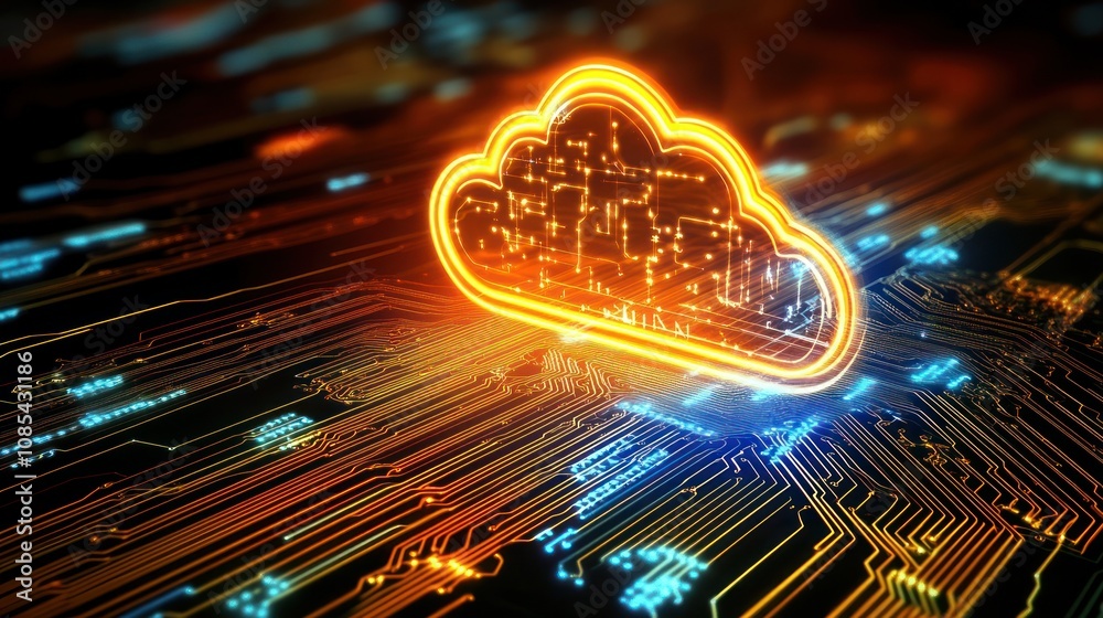 Poster cloud symbol over a circuit board, representing cloud computing and technology.