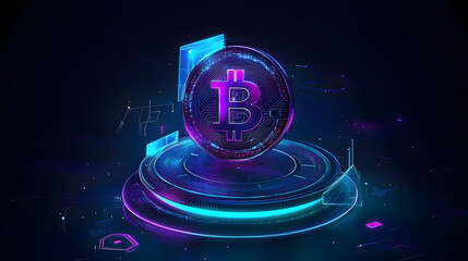 Futuristic Technology background for Bitcoin and crypto in purple, pink and blue neon colors, digital currency concept for stock and finance, virtual money tech background with copy space