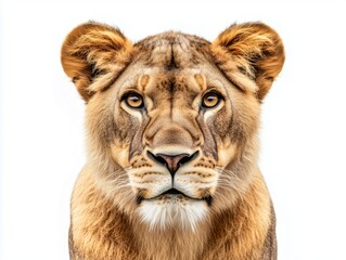 Portrait of a lioness looking straight ahead, her feline grace and wild beauty on full display. The...