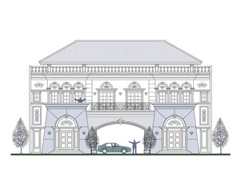 Facade of 2 storeys symmetrical modern classic building with 2 doors, 12 windows, balustrade, frame, 8 columns, a gate, canopy, crowns, balcony, trapezoidal wall element and roof.