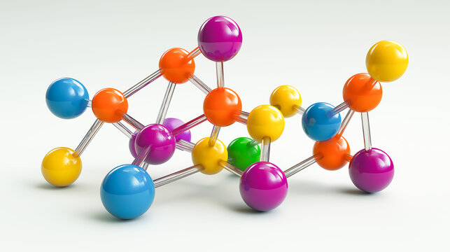 A colorful molecular model set interconnected to represent the formation of a polymer chain, The model spheres (atoms) connected by sticks (bonds), forming a long, intricate chain structure