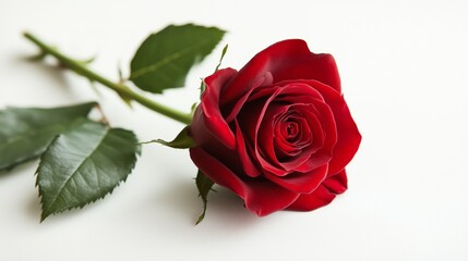 Red rose with fresh leaves placed elegantly on a white background, symbolizing love and romance, perfect for special occasions