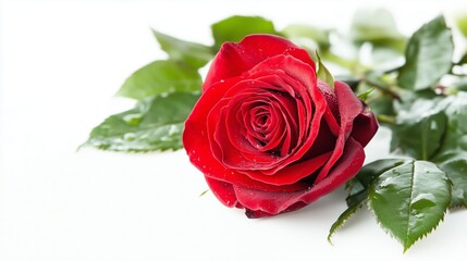 Elegant red rose with dew drops resting on green leaves against a soft white background during daylight hours
