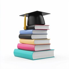 Modern Education Icon with Stacked Books and Graduation Cap on White Background