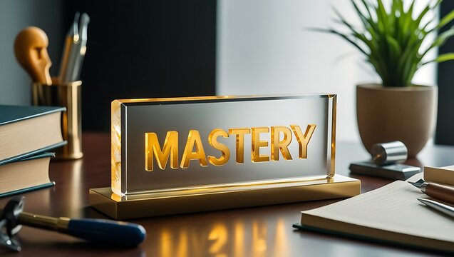 Illuminated glass sign reading "MASTERY" on a desk with books and stationery.