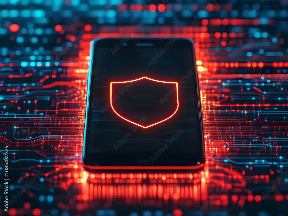 Poster a modern smartphone with glowing shield symbol on its screen, surrounded by digital circuitry, repre