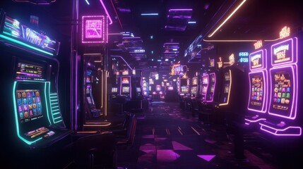Fototapeta premium Neon casino lights glowing against a dark background with rows of slot machines in the distance