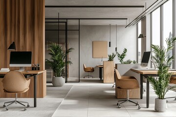 Modern Minimalist Office Interior Design with Natural Accents