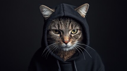 Serious cat in a black hoodie, its piercing gaze highlighted under dramatic studio lighting on a minimalist black backdrop