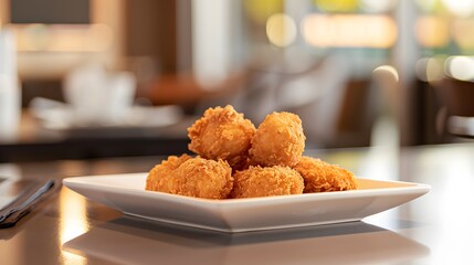 Chicken nugget, deep fried breaded chicken meat on a white plate. AI generated image