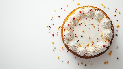 Obraz premium Decorative cake topped with cream and colorful sprinkles ready to be served at a celebration party in a cozy setting