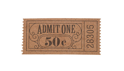 Old vintage theater or movie ticket with serial number isolated on white background