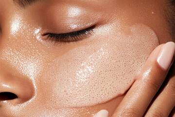 Fototapeta premium Close-up of a woman receiving a facial treatment with cleansing foam applied by a beautician, promoting healthy skin