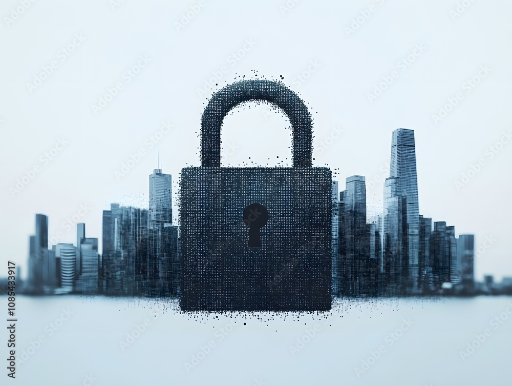 Poster abstract representation of a digital lock symbolizing data security, privacy protection, and the imp