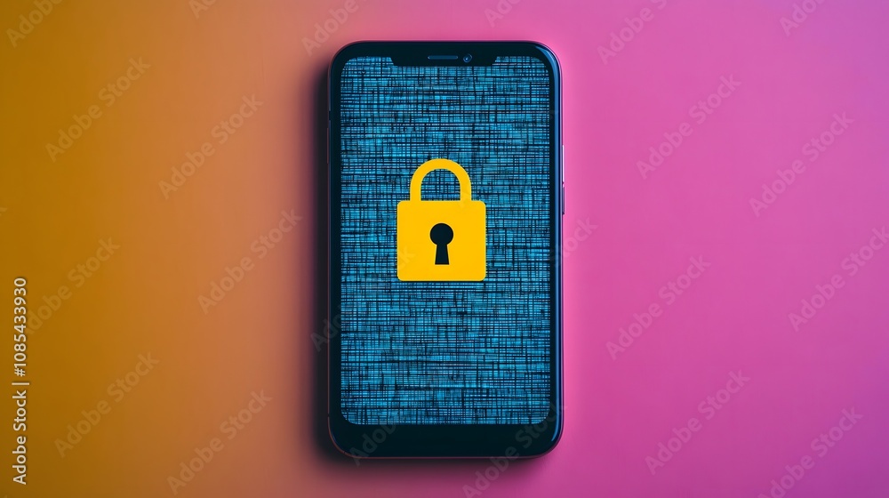 Poster Mobile Smartphone with a Security Lock Icon on a Colorful Background Emphasizing Data Protection and Cybersecurity Awareness for Digital Users