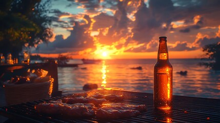 A bottle of beer sits on a grill next to grilled meat with a sunset over the ocean in the background.