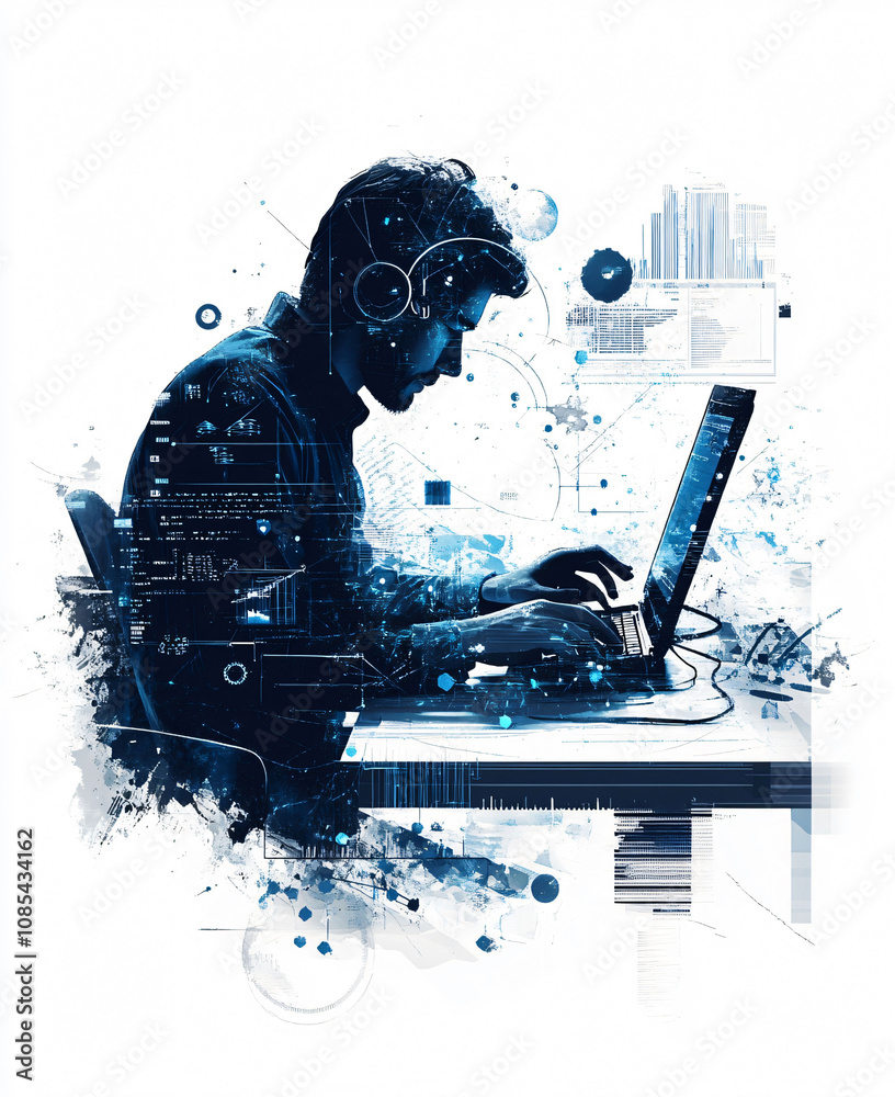Poster this setting features an individual deeply engaged in programming at a laptop. surrounding him are a