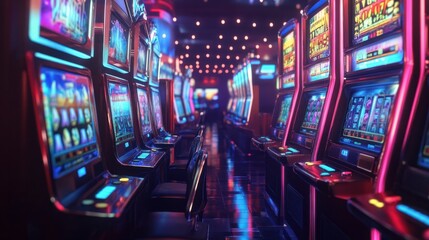 Naklejka premium Slot machine row with vibrant displays, glowing buttons, and a buzzing casino floor atmosphere