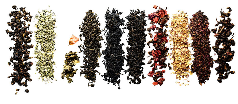 A diverse selection of loose leaf teas photographed from above emphasizing an empty space for text or graphics in the image. Creative banner. Copyspace image