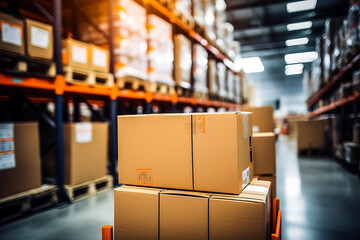 A retail warehouse with cartons, pallets, and forklifts, surrounded by logistics and transportation, serves as a product distribution center.
