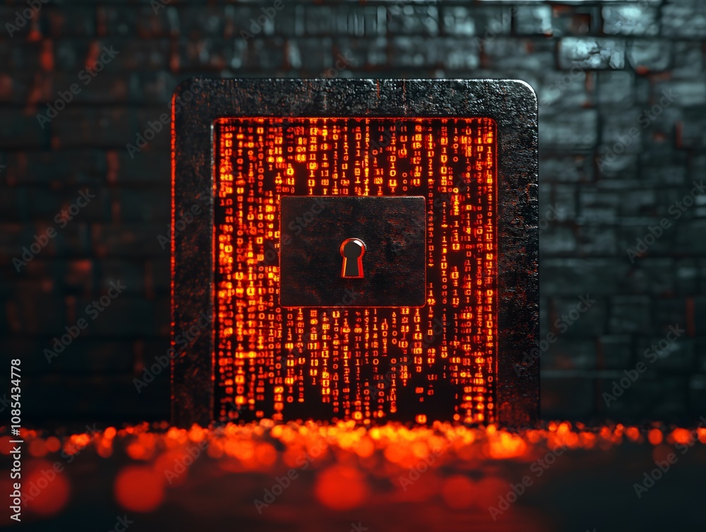 Poster digital safe with glowing data and matrix background, symbolizing security, encryption, and technolo