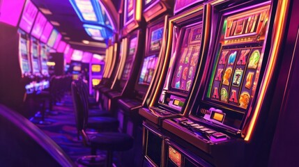 Slot machines with vibrant displays and spinning reels in a buzzing casino floor atmosphere