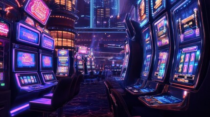 Vibrant slot machines with glowing displays and spinning reels in a bustling casino background