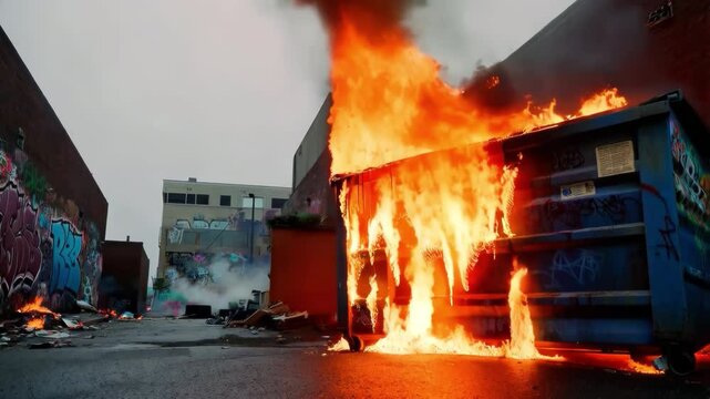 Dumpster fire. Dumpster filled with debris is engulfed in fierce flames in broad daylight.	