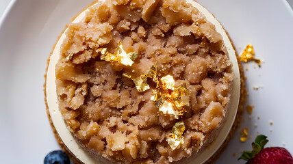 Cheesecake topped with golden flakes and a crunchy crumble, garnished with fresh blueberries and strawberries, perfect for dessert lovers and special occasions.