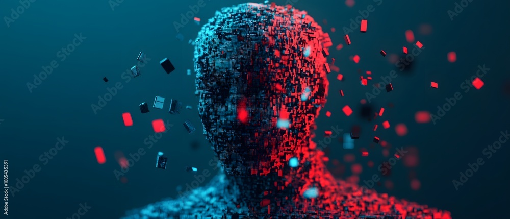Poster abstract representation of a human figure formed by colorful particles in red and blue, symbolizing 