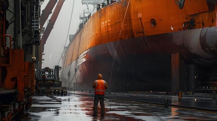 A worker in safety gear inspects ship repairs. A port safety inspection is in progress. A worker evaluates ship repairs.