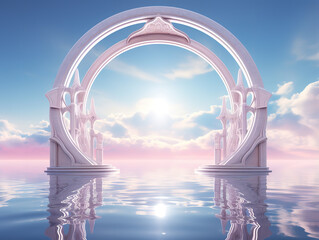 Fototapeta premium Generous 3d render, abstract panoramic background, northern futuristic landscape, with calm water
