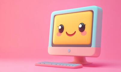 3D cartoon computer monitor with a cute, smiling face on the screen, tech and friendly