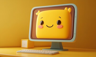 3D cartoon computer monitor with a cute, smiling face on the screen, tech and friendly