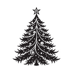 Silhouette of a Christmas tree with branches adorned with ornaments and a shining star on top.