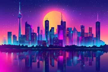 Fototapeta premium Vibrant Cityscape at Sunset: A Psychedelic Journey through Urban Nightlife