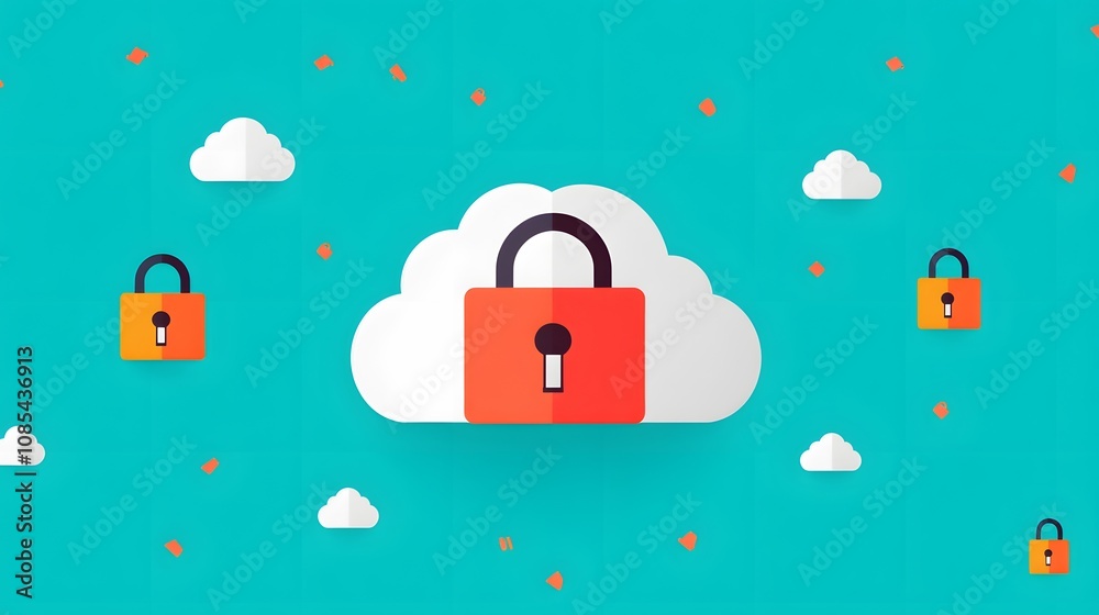 Poster Modern Digital Security Concept Featuring Cloud Storage with Lock Symbol Representing Data Protection and Online Safety in a Bright, Colorful Design
