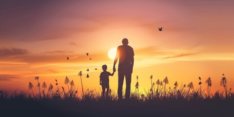 Father and Son Silhouette at Sunset: A heartwarming scene of a father and son holding hands, silhouetted against a vibrant sunset, symbolizing love, family, and the beauty of nature.