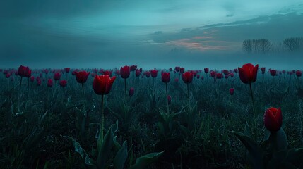 Dew-covered tulips standing amid a foggy field at dawn, vivid colors contrasting beautifully with the soft mist