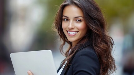 Fototapeta premium Young professional woman smiling while holding a tablet outdoors in a vibrant, urban environment showcasing confidence and modern lifestyle