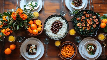 Healthy brazilian food laid out on table