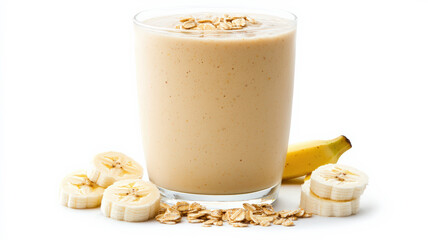 A creamy banana smoothie garnished with oats, showcasing a healthy and refreshing drink option.