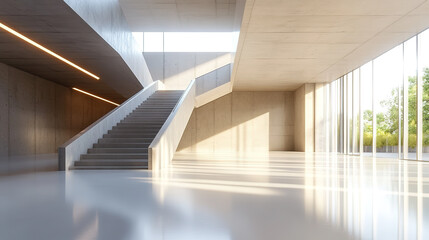 Fototapeta premium Extremely simple white architectural interior space with stairs