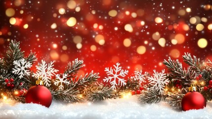 A red background with snow and Christmas decorations