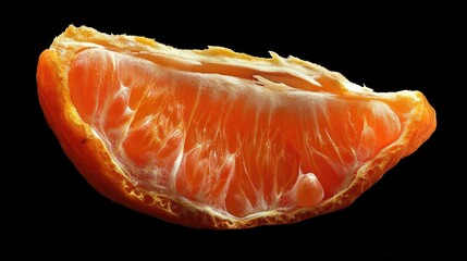 Fresh orange segment with pulp in sharp detail, isolated on a black background, showing the juicy, vibrant inside of the fruit