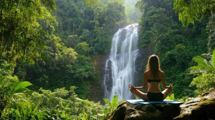 Woman Meditating in Front of a Waterfall
