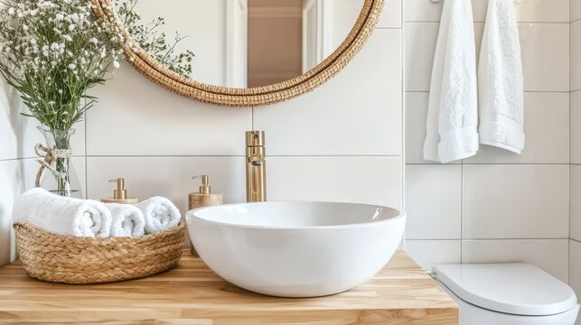 Clean, open bathroom space with natural tones, a round mirror, ceramic basin, and stone tiles, complemented by a simple white toilet