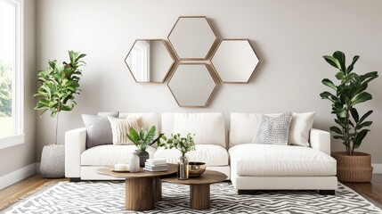 Clustered hexagonal mirrors create a stylish centerpiece on a living room wall, reflecting sunlight softly, adding depth and dimension