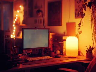 Cozy workspace with desktop pc monitor on a white table airy ambient light